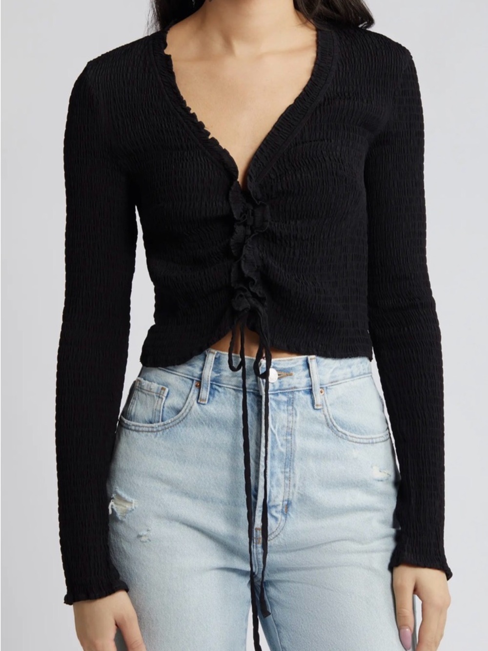 Topshop Lace Up Textured Long Sleeve Blouse Black Cropped US 10